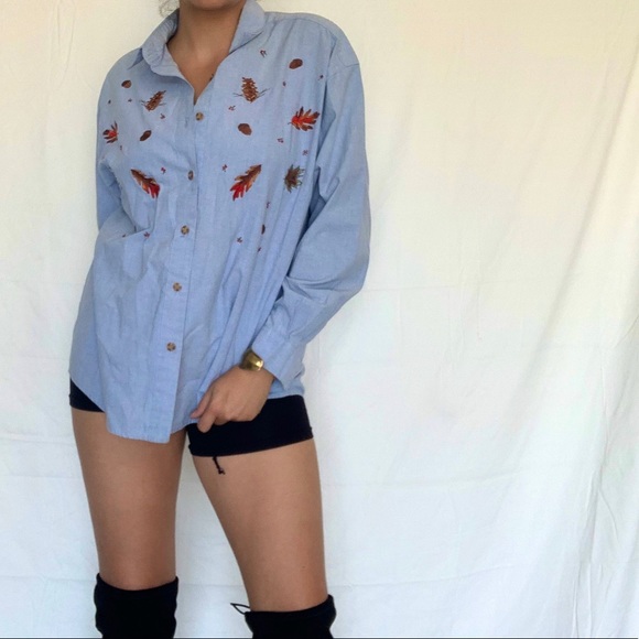90s Vintage Embroidered Fall Denim Button Down - Picture 3 of 11